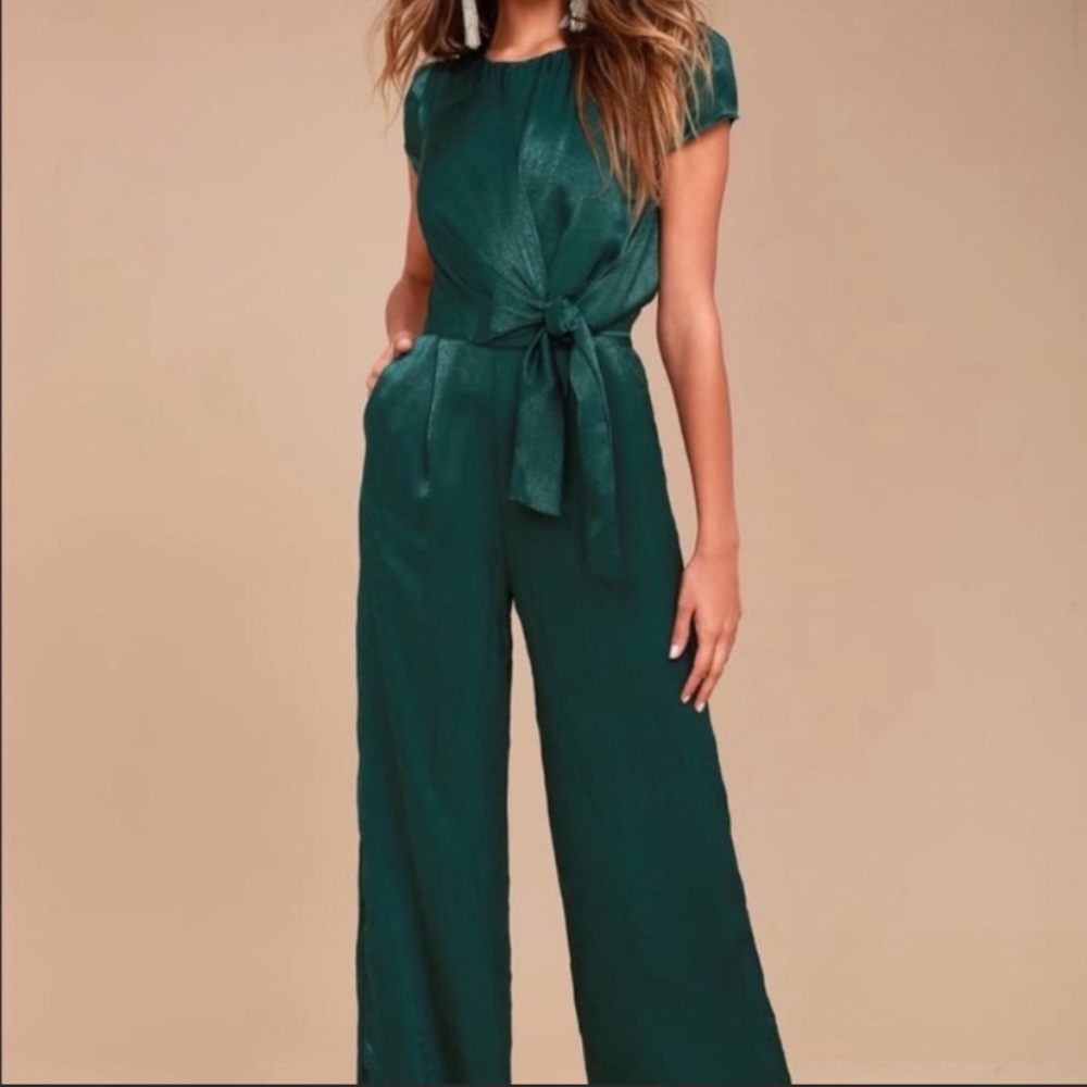 Let Me Entertain You Green Satin Wide-Leg Jumpsuit